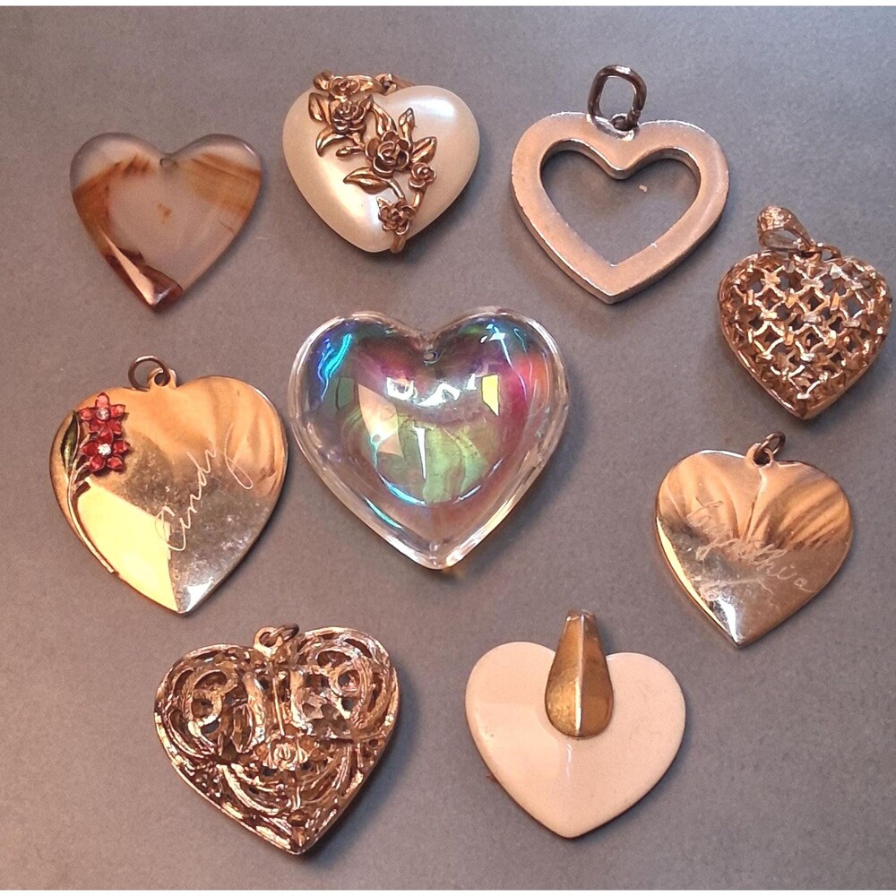 Vintage Heart Pendant Lot (9) Trifari Agate Glass